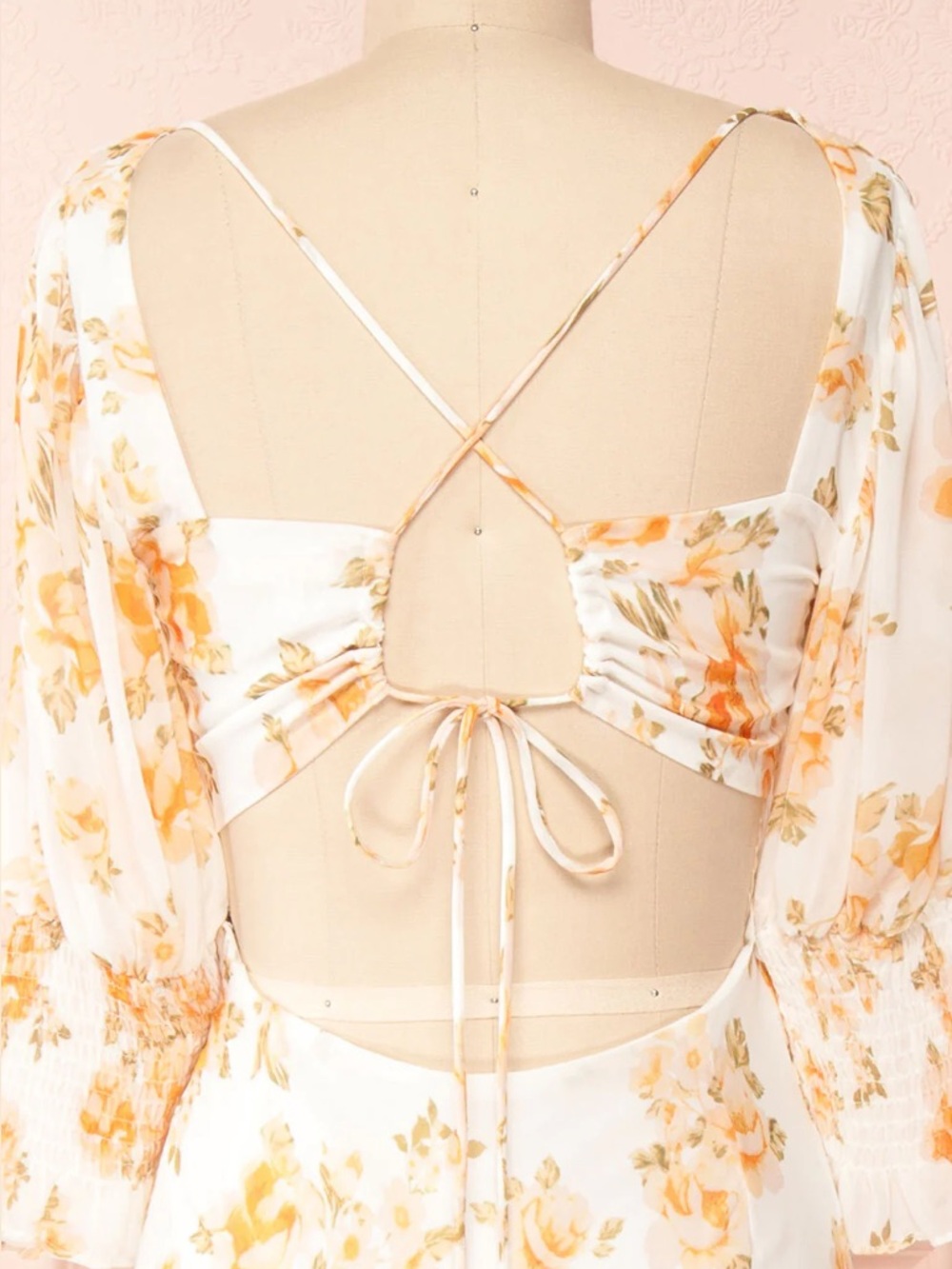 Yellow Maxi Floral Puffed Sleeves Cutout Open Back Cottagecore - Picture 6 of 6